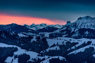 Scenic view of snowcapped mountains against sky during sunset