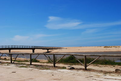 Bridge over land against blue sky