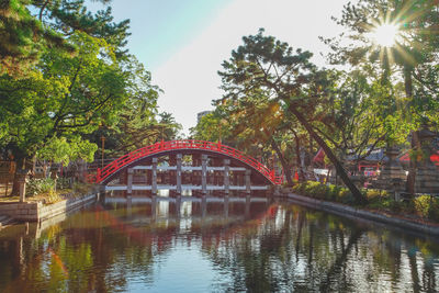 Arch bridge over river against sky