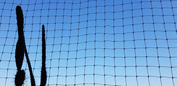 Low angle view of fence against blue sky