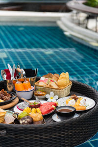 High angle view of breakfast on table by swimming pool