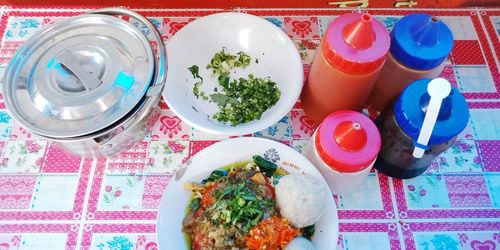 High angle view of food on table