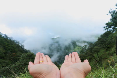 Midsection of person against plants and mountain