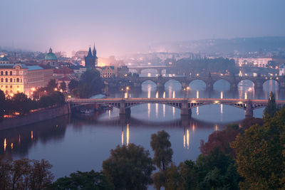 Bridge over river against built structures