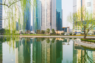 Reflection of buildings in lake