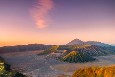 Scenic view of mountains against sky during sunset