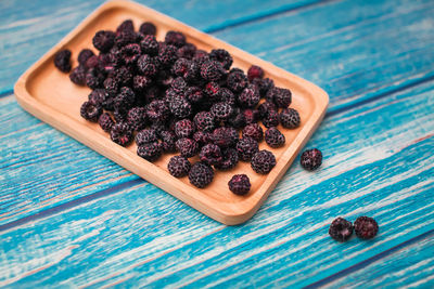 High angle view of fruits in plate on table