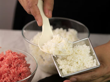 Process making red and white merah putih mini tumpeng same as indonesian national flag 