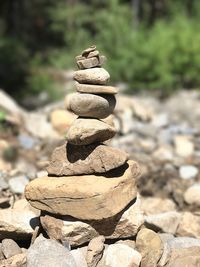 Close-up of stone stack on rock