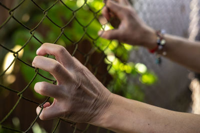 Close-up of man hand by fence