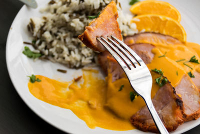 Close-up of food served on table