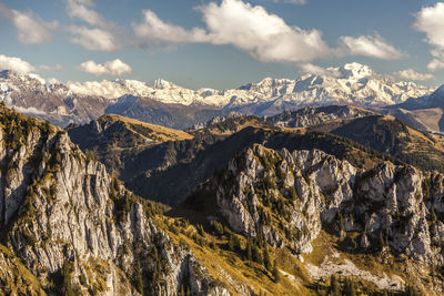 Scenic view of snowcapped mountains against sky