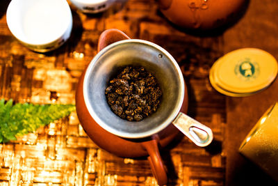 High angle view of tea served on table