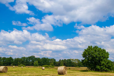 Hay bales on field against sky