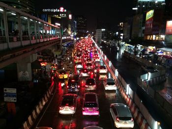 High angle view of traffic on road at night