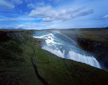 Gullfoss waterfall in iceland with rainbow