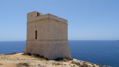 Scenic view of sea against clear blue sky