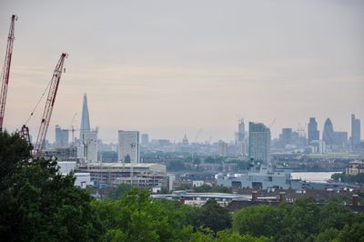High angle view of buildings against sky