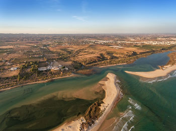 High angle view of land against sky