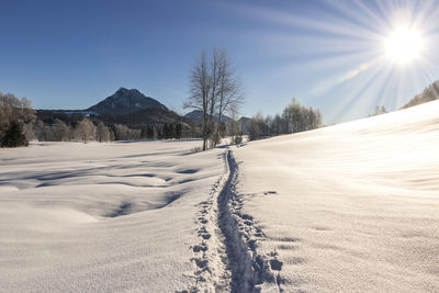 Scenic view of snow covered field against sky