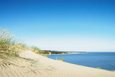 Scenic view of beach against clear blue sky