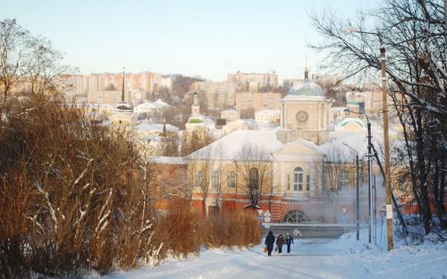 High angle view of trees and buildings against sky during winter