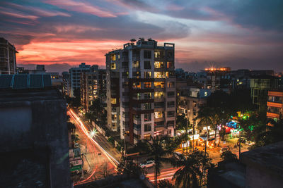 High angle view of illuminated buildings at night