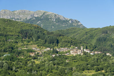 Scenic view of trees and mountains against clear sky