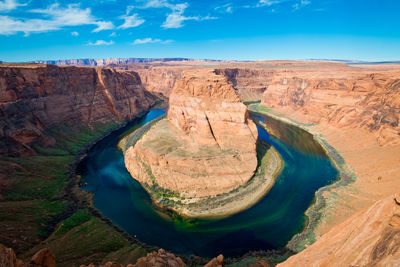Aerial view of horseshoe bend against cloudy sky