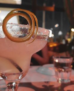 Close-up of beer glass on table at restaurant