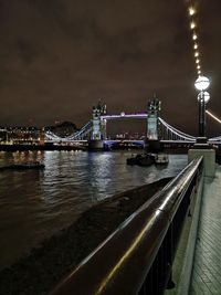 Illuminated bridge over river in city at night