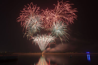 Low angle view of firework display by lake at night