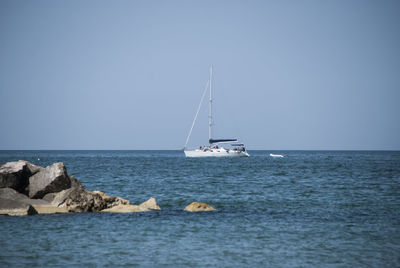 Sailboat sailing on sea against clear sky