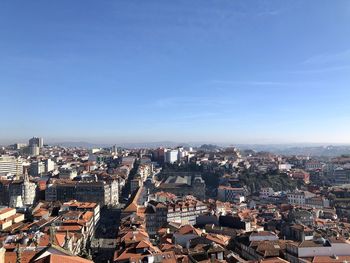 High angle view of townscape against clear blue sky, porto, portugal