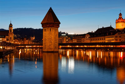 Reflection of illuminated buildings in water