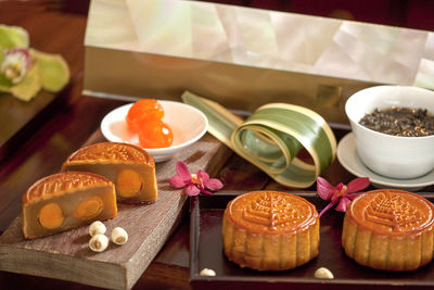 Close-up of moon cakes on table