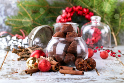 Close-up of christmas decoration on table