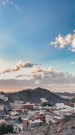 High angle shot of townscape against sky