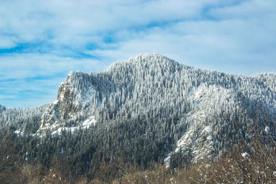 Low angle view of snowcapped mountain against sky