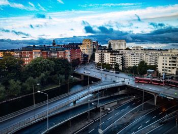High angle view of railroad tracks in city