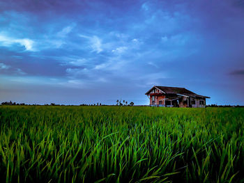 House on agricultural field against sky