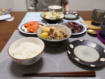 High angle view of meal served on table