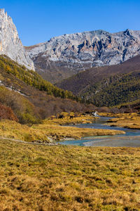 Scenic view of landscape and mountains against clear blue sky