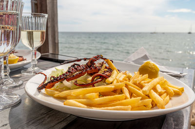 Close-up of food served on table