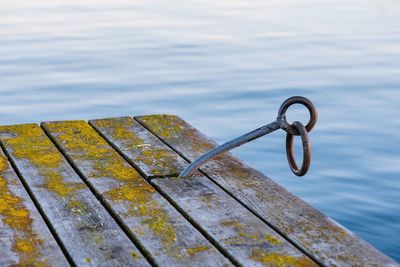 Close-up of rope on pier against lake