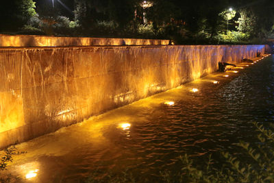 River amidst illuminated trees at night