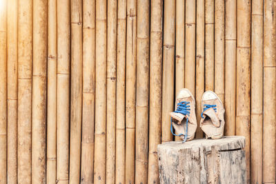 Abandoned shoes on tree stump against wooden wall