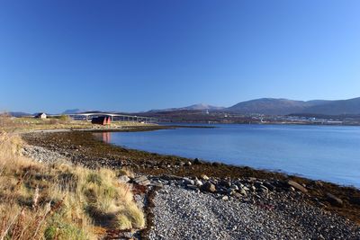 Scenic view of sea against clear blue sky