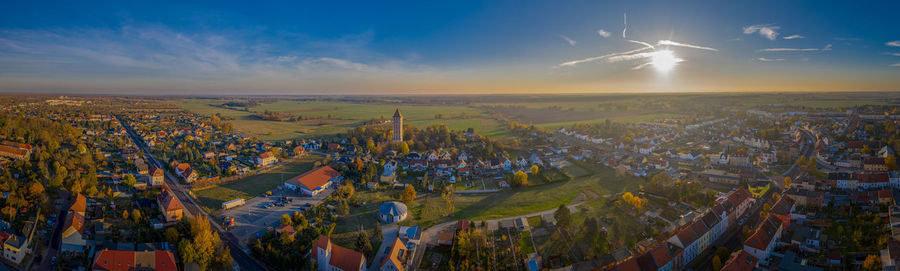 High angle view of townscape against sky during sunset