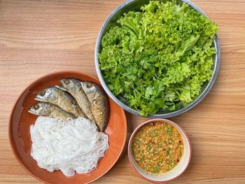 High angle view of fish in bowl on table